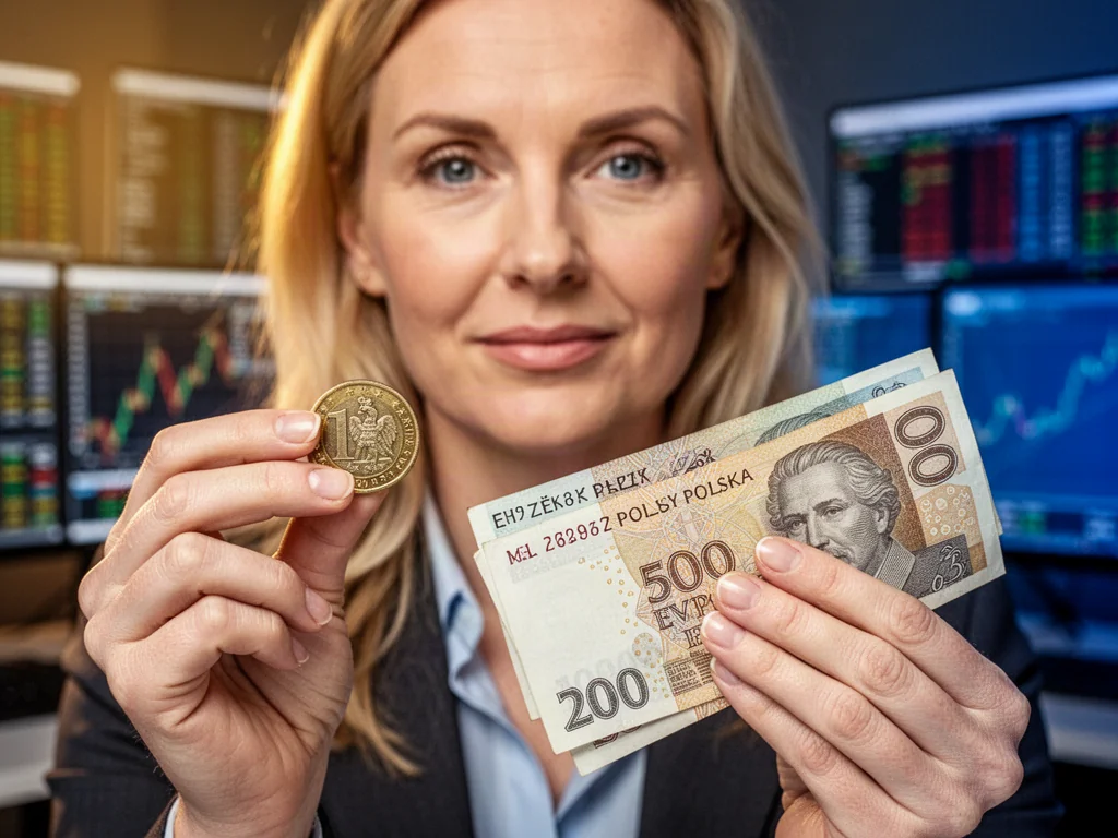 Kobieta trzymająca w dłoniach czeską monetę oraz polski banknot, symbolizująca proces wymiany walut.