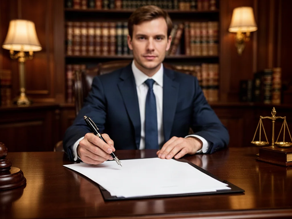 Notariusz przy biurku z dokumentem prawnym w profesjonalnym gabinecie. Ilustracja procesu formalnego odrzucenia spadku.