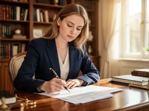 Kobieta przy biurku analizuje dokumenty finansowe i kalkulator, planując rozliczenie podatku od sprzedaży nieruchomości.