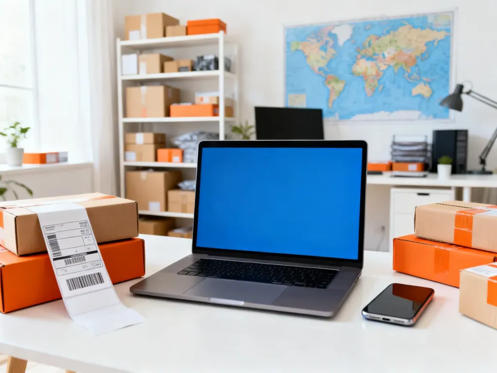 Stanowisko pracy sprzedawcy e-commerce z laptopem, smartfonem i przygotowanymi paczkami na tle mapy świata.