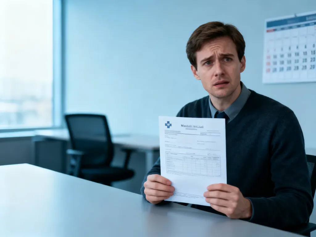 Zaniepokojony pracownik z dokumentacją medyczną przy pustym biurku w nowoczesnym biurze.