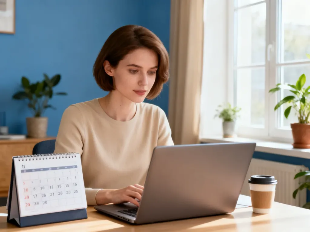 Kobieta pracująca przy laptopie w przytulnym domowym biurze, co ilustruje zasady pracy zdalnej.