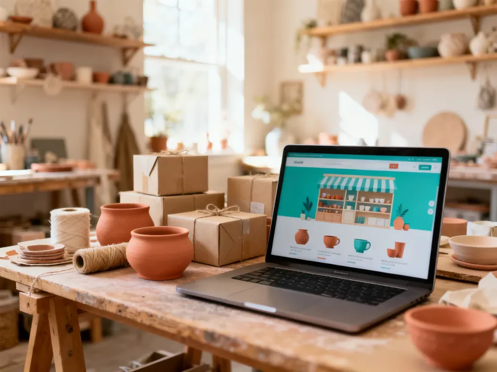 Przytulne stanowisko pracy twórcy rękodzieła z ceramiką, materiałami do pakowania i laptopem w domowym studio.