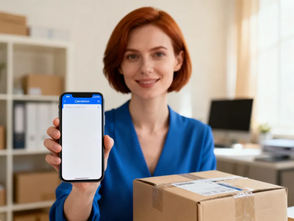 Kobieta trzymająca smartfon z ekranem potwierdzenia sprzedaży, obok przygotowana paczka w domowym biurze.