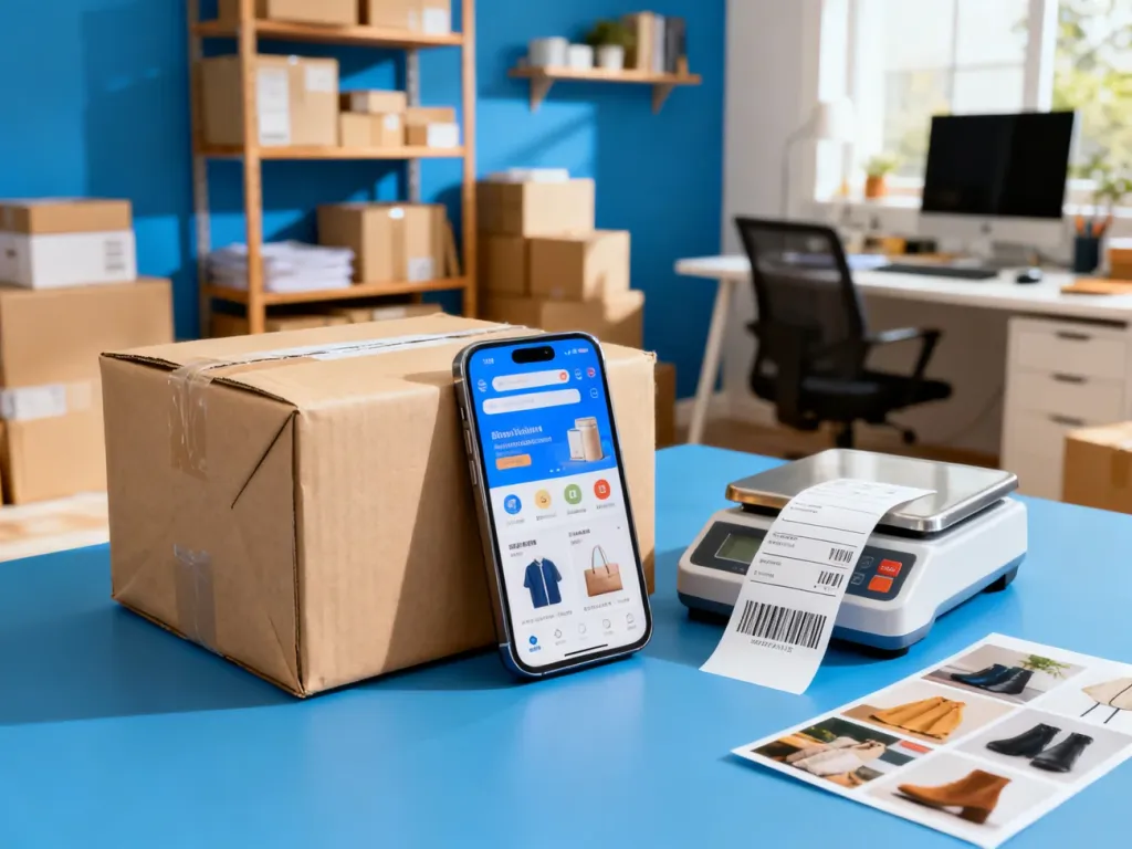 Zorganizowane stanowisko pracy sprzedawcy eBay z paczką, wagą i smartfonem, gotowe do wysyłki towarów.
