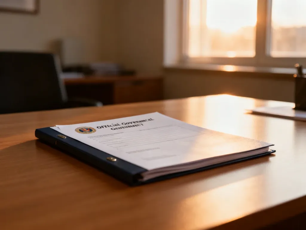 Oficjalna teczka na dokumenty na biurku, symbolizująca procesy administracyjne i weryfikację danych osobowych.