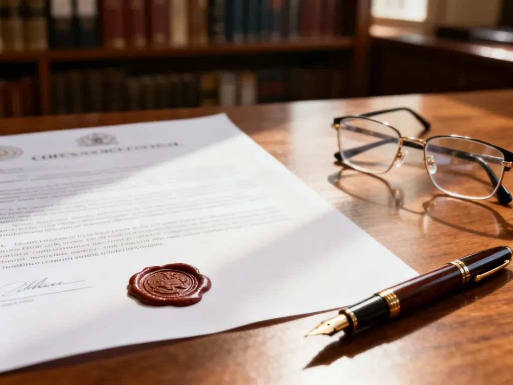 Oficjalny dokument z pieczęcią na biurku, symbolizujący proces uzyskiwania zaświadczenia o niekaralności.