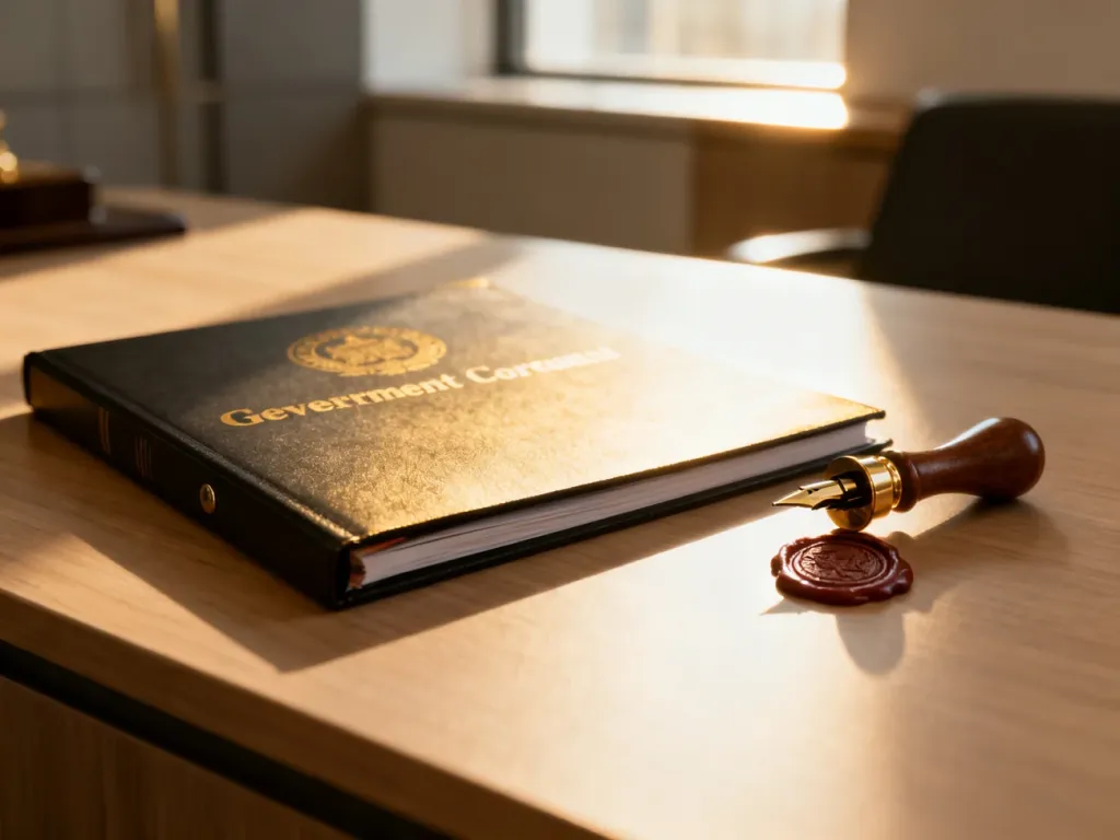 Elegancki folder na dokumenty z piórem i pieczęcią na biurku, symbolizujący proces składania wniosków urzędowych.