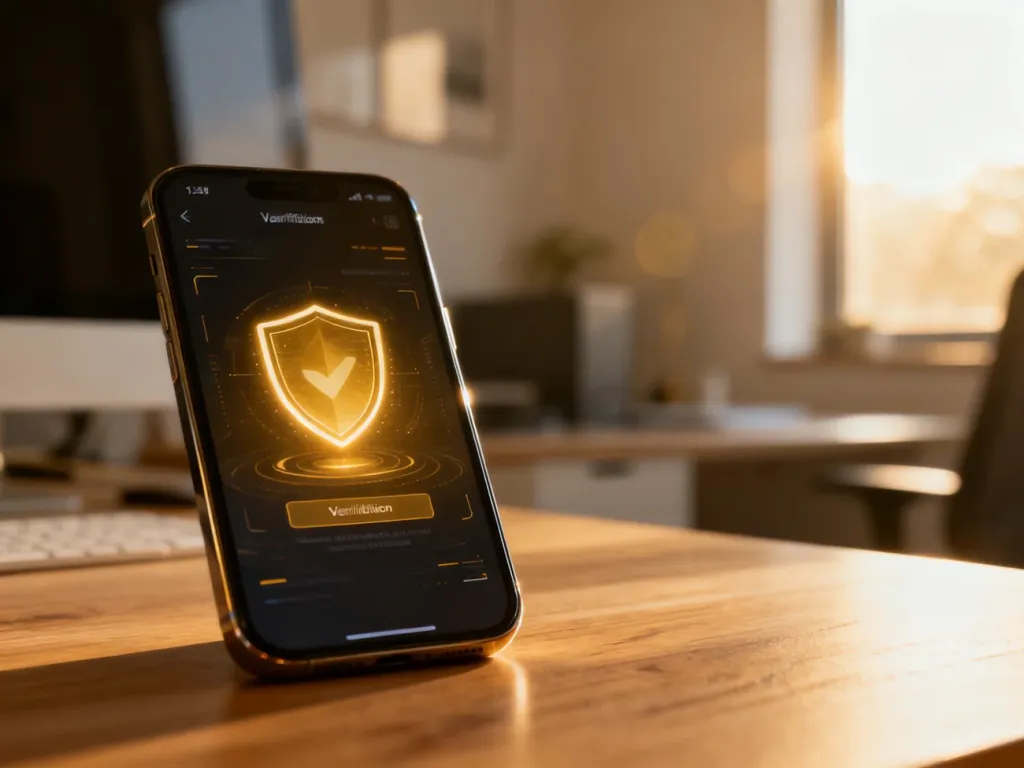 Smartfon z ikoną tarczy na ekranie, symbolizujący bezpieczną weryfikację tożsamości podczas zakładania profilu zaufanego.