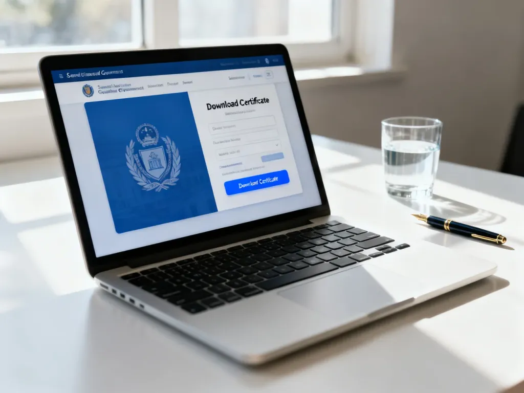 Ekran laptopa z otwartym rządowym portalem usług cyfrowych i widocznym przyciskiem pobierania zaświadczenia o niekaralności.